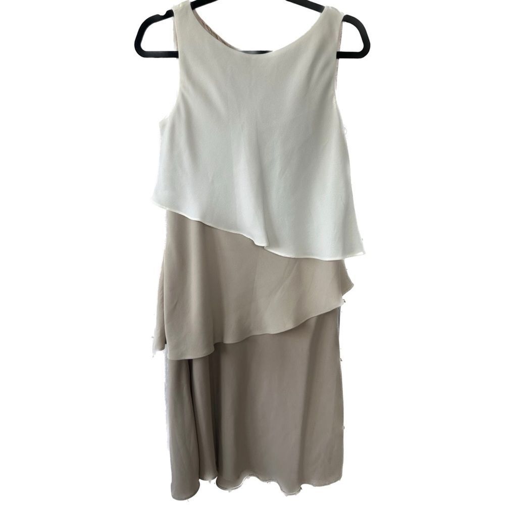 S.L. Fashion Asymmetric Flounce Tiered Ruffle Neutral Color Block Sheath Dress 8